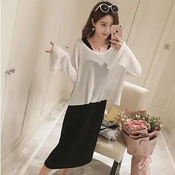 Black Autumn Maternity Long Flare Sleeve Loose Sweater+Lactation Sundress Twinset Postpartum Women Nursing Clothes Set Breastfeeding - Цвет: Black