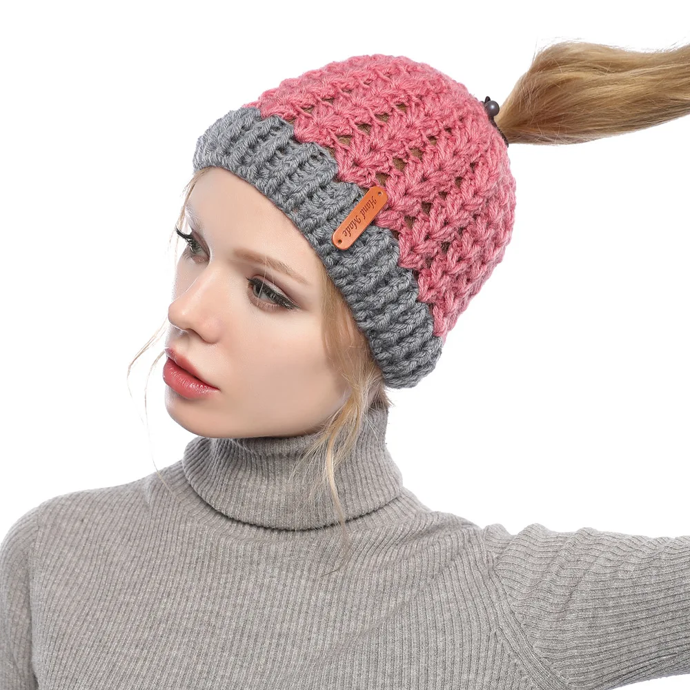 

Knitted Wool Cap Female Autumn Winter Korea Empty Head Cap Winter Colour Matching Warm Baotou Cap Showing Horsetail Head Cap