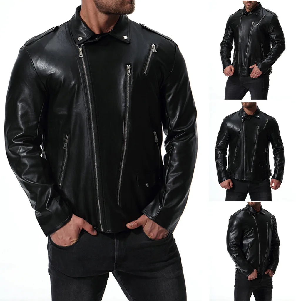 

2019 New Autumn/Winter Men's Casual Solid Color Long-sleeved Slim Leather Dropshipping 20 Motorcycle Cool Jackets Punk Jackets