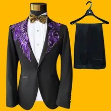 Настоящие мужские черные с 4 блестками цвет смокинг костюм/События/Студия/сценическое представление/куртка с брюками