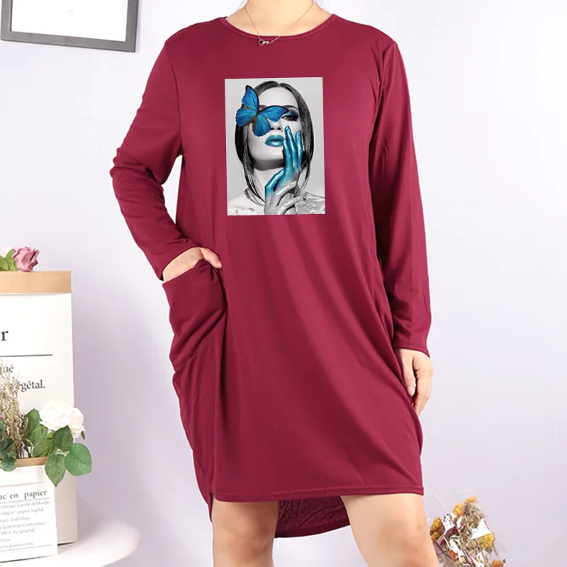 Plus Size Nordic Art Dress Butterfly Girl Cool Women Midi Dresses O-Neck Autumn Thin Long Sleeve Pockets Loose Party Vestidos