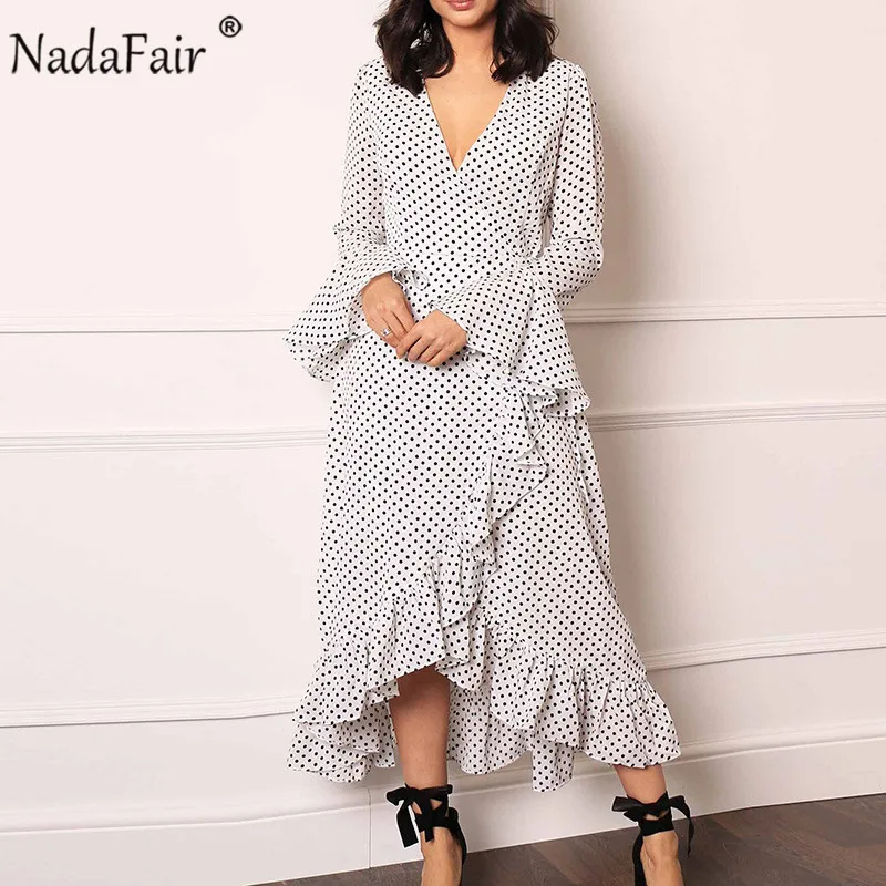 

Nadafair Ruffles Elegant Polka Dot Dress 2019 Autumn Lace-Up White Pink Black Plus Size A Line Chiffon Casual Midi Dress Women