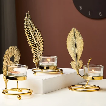 

Iron Candle Holders Glass Party Wedding Decorations Candle Candlesticks Gold Metal Plant Leaves Candelabra Table Centerpiece