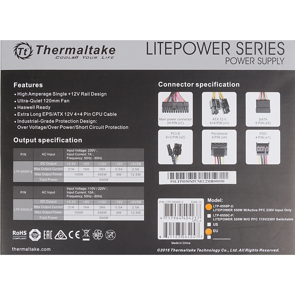Блок питания Thermaltake ATX 550W LT-550P(24+4+4pin) APFC 120mm fan 5xSATA RTL