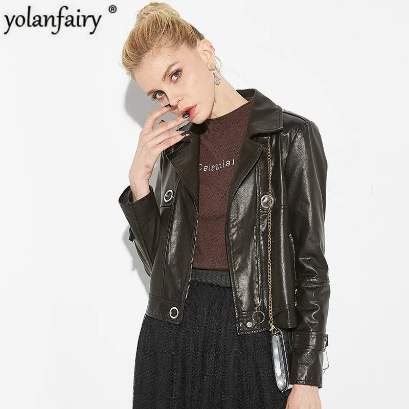 Fashion Genuine Leather Jacket Women Short Motorcycle Korean Spring Autumn Cuero Genuino Y-1911 Pph376 | Женская одежда