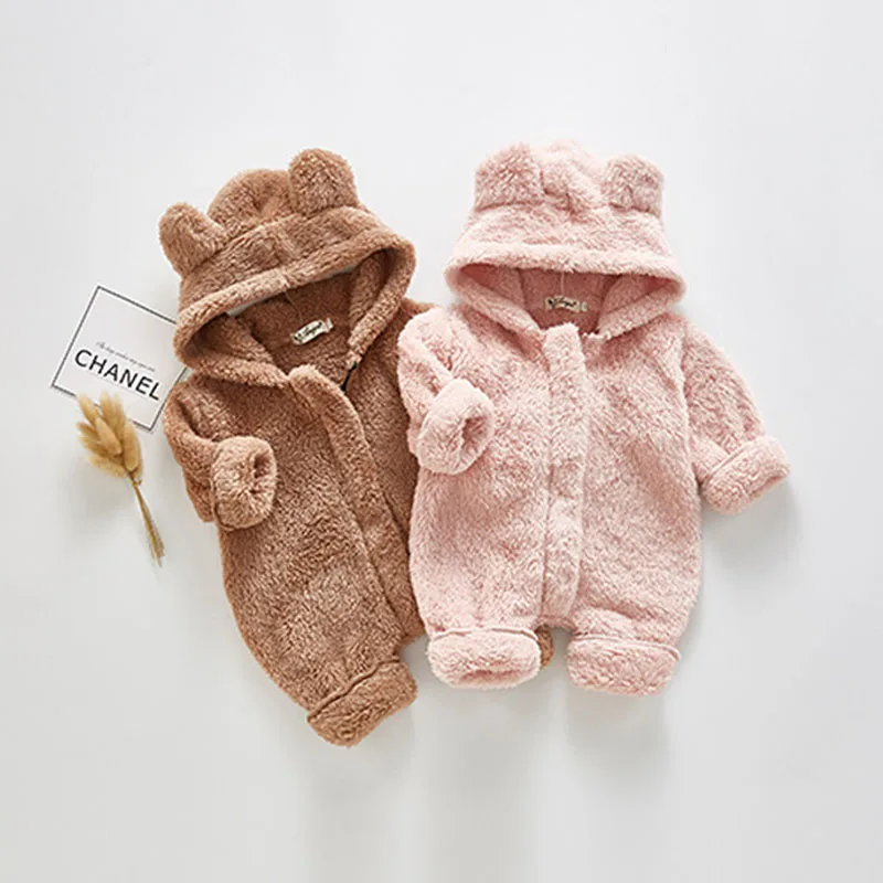 Newborn Baby Romper Girls Boys Winter Cartoon Bear Plush Jumpsuit Cotton Keep Warm Go Out Romper Baby Clothes