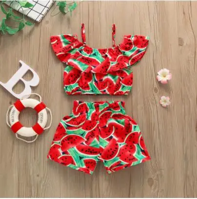 1-6 Year Old Toddler Baby Girl Clothes Watermelon Sunflower Print Ruffle Drop Shoulder Strap Top Shorts 2-Piece Summer Set kids clothing set,girls clothing set