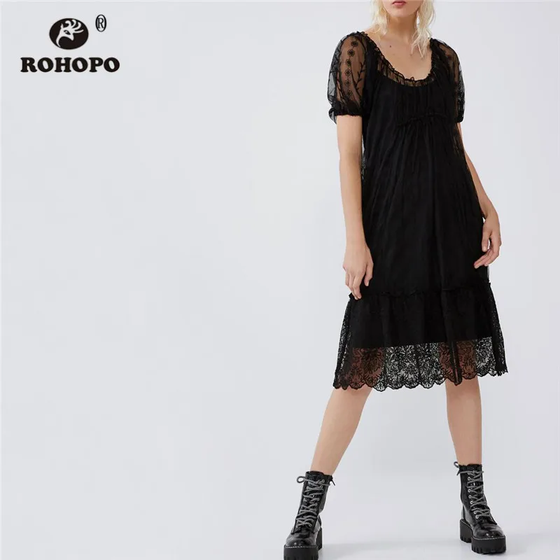 ROHOPO, Двухслойное, пышное, рукав, оборки, вышивка, цветочный рисунок, черное, кружевное платье, плиссированное, для девушек, Осеннее, сексуальное, праздничное, Vestido#2246