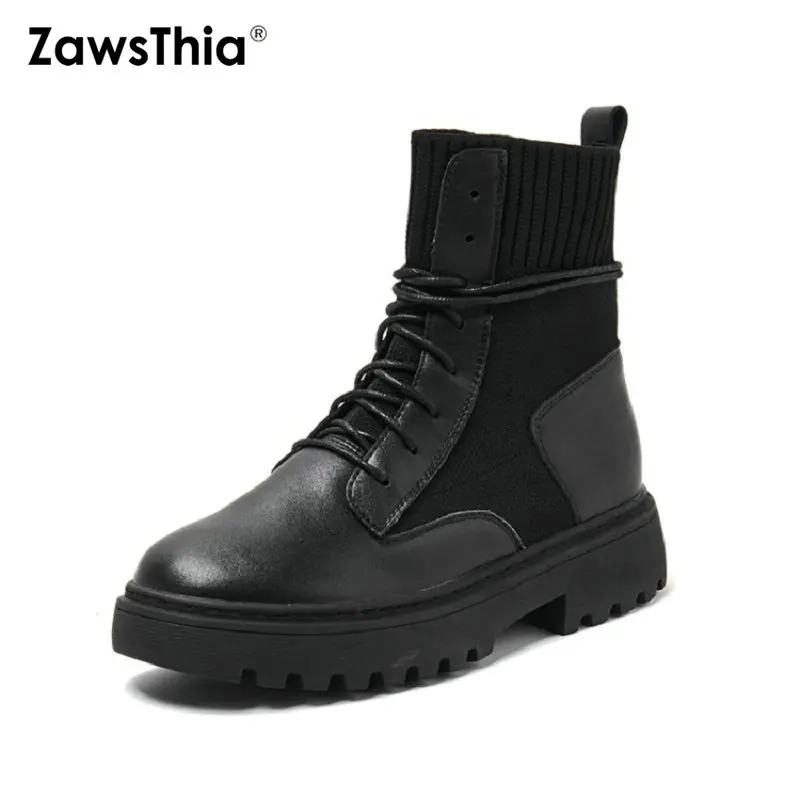 

ZawsThia 2019 round toe genuine leather stretch ankle boots lace up platform woman martin boots motorcycle boots women shoes