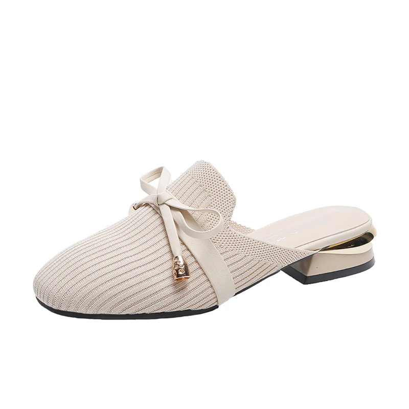 

New Designer Women Slippers 2020 Summer Stripe Pointed Toe Mid Heel Bow Women Sandals Square Heel Women Shoes Slippers