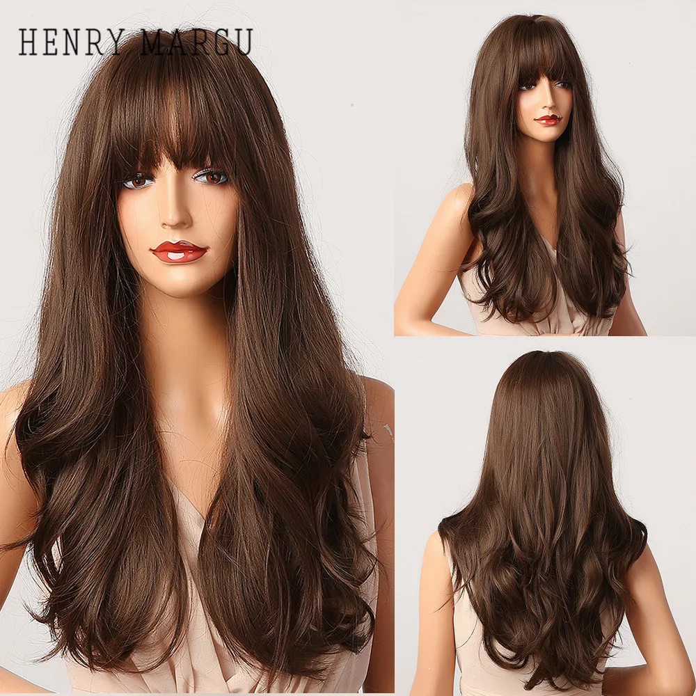 Synthetic Wigs Bangs Daily-Hair Cosplay Heat-Resistant Wavy Brown Natural Ombre Long