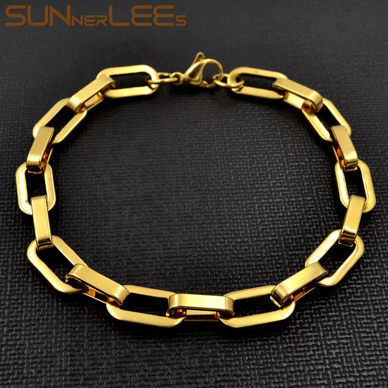 SUNNERLEES Stainless Steel Bracelet 8mm Geometric Link Chain Smooth Silver Color Gold Plated Men Women Jewelry Gift SC162