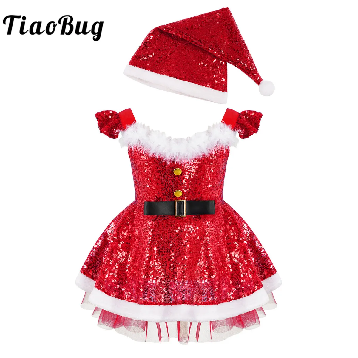 

Baby Girls Sequins Christmas Tutu Toddler Elf Santa Claus Costume Xmas Princess Dress Festive Mesh Tulle Fancy Dress Up Clothes