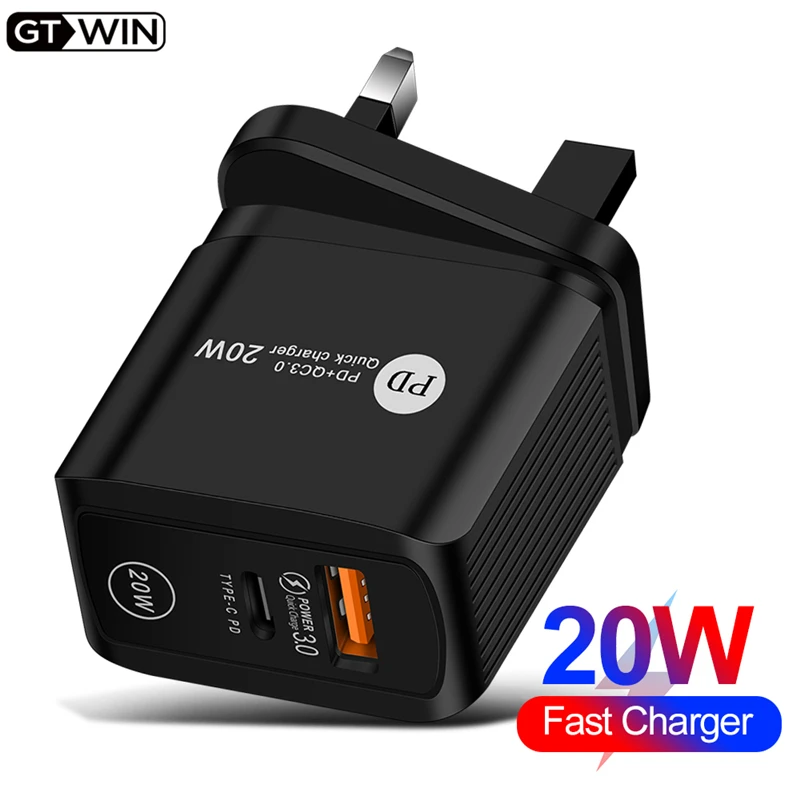 usb triple socket GTWIN   PD 20W compatible QC 3.0 fast charging mobile phone charger EU/US/UK Plug wholesale quick charge Black For iphone 12 pro usb car charge