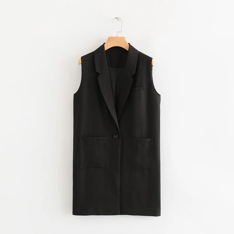 Autumn New Women Vest Casual Turn Down Collar Long With Two Pockets And Button Slim Solid Female Coat veste Femme
