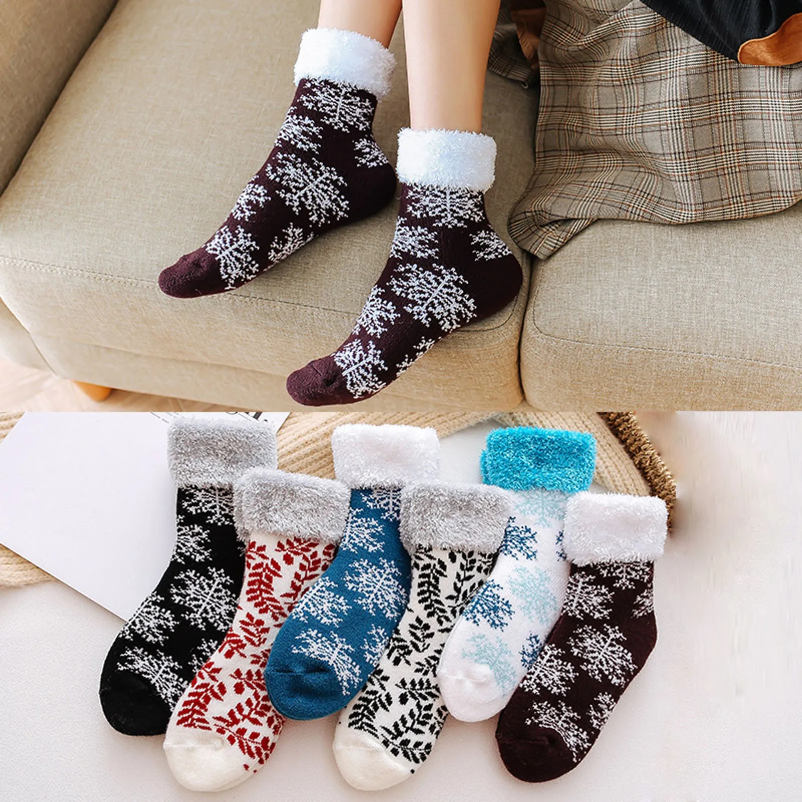 

Autumn and winter plush socks Snowflake print Ski Socks Thickened And Velvet Winter Warm Floor Socks Christmas Socks fashion F4
