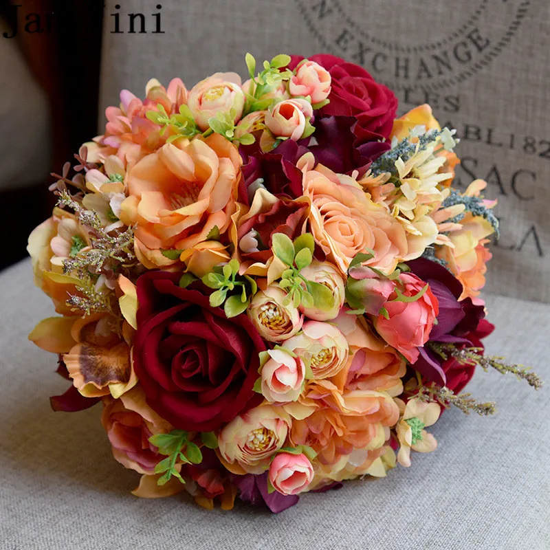 JaneVini Винтажный Оранжевый бордовый Свадебный букет искусственная Роза Шелковый цветок невесты свадебная брошь в виде букета цветов бутоньерка