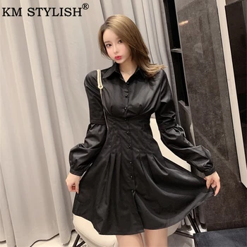 

Women's White Shirt Dress Clothing 2020 Summer New Office Lady Long Sleeve Lapel Black Pleated Waist A-line One-piece Dress