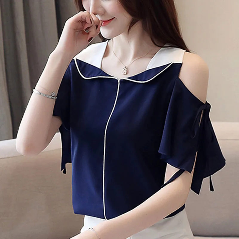 

Blusas mujer de moda 2019 ladies tops short sleeve chiffon blouse shirts for women tops Ruffles Solid V-Neck Flare Sleeve 0298