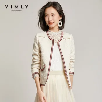 

Vimly Women Short Jacket Elegant Spring Autumn Patchwork Pockets Oneck Slim Open Stitch Women's Overcoat Female Coat 98073