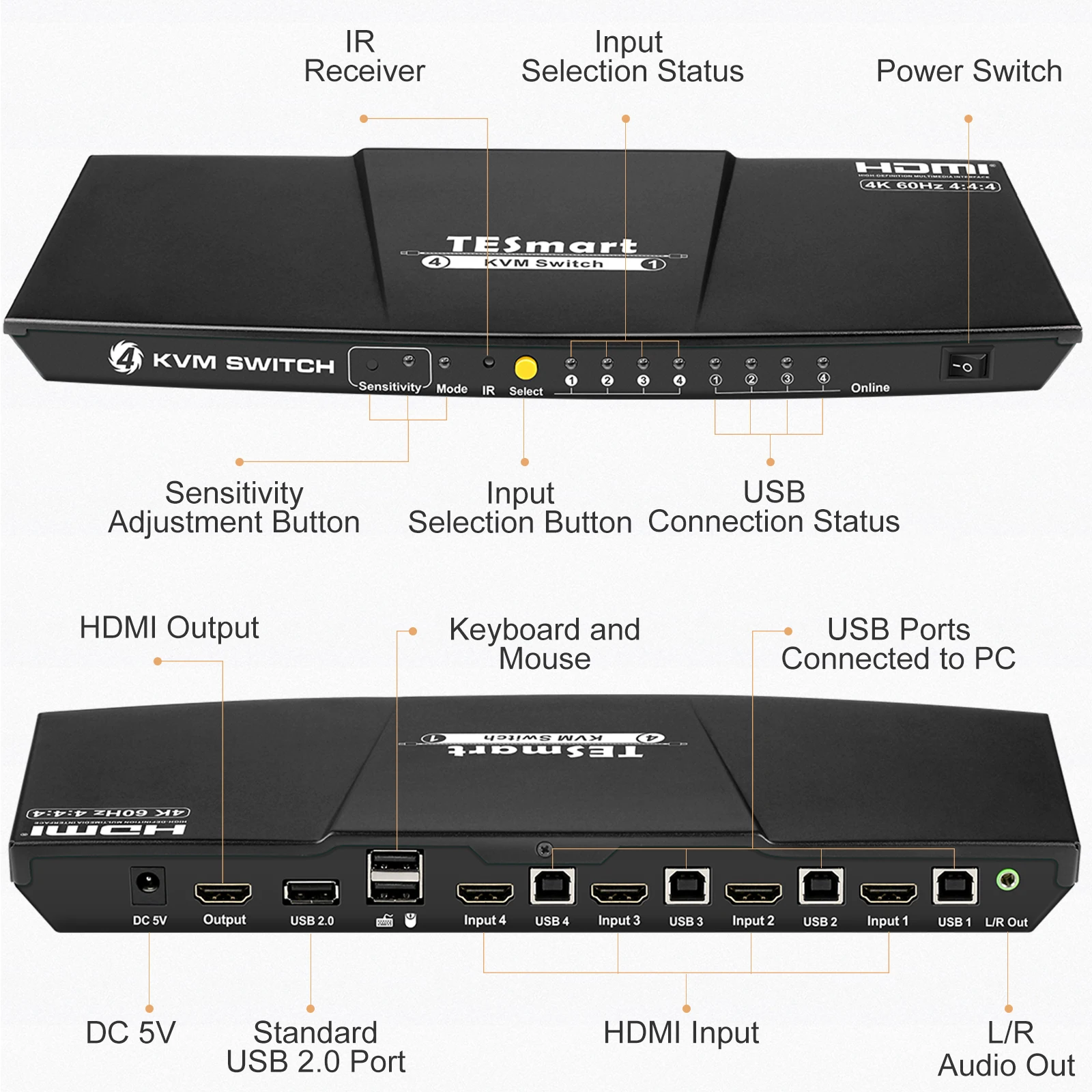 Золото Tesla Smart HDMI 4K @ 60 Гц Высокое качество USB KVM переключатель 4 Порты и разъёмы