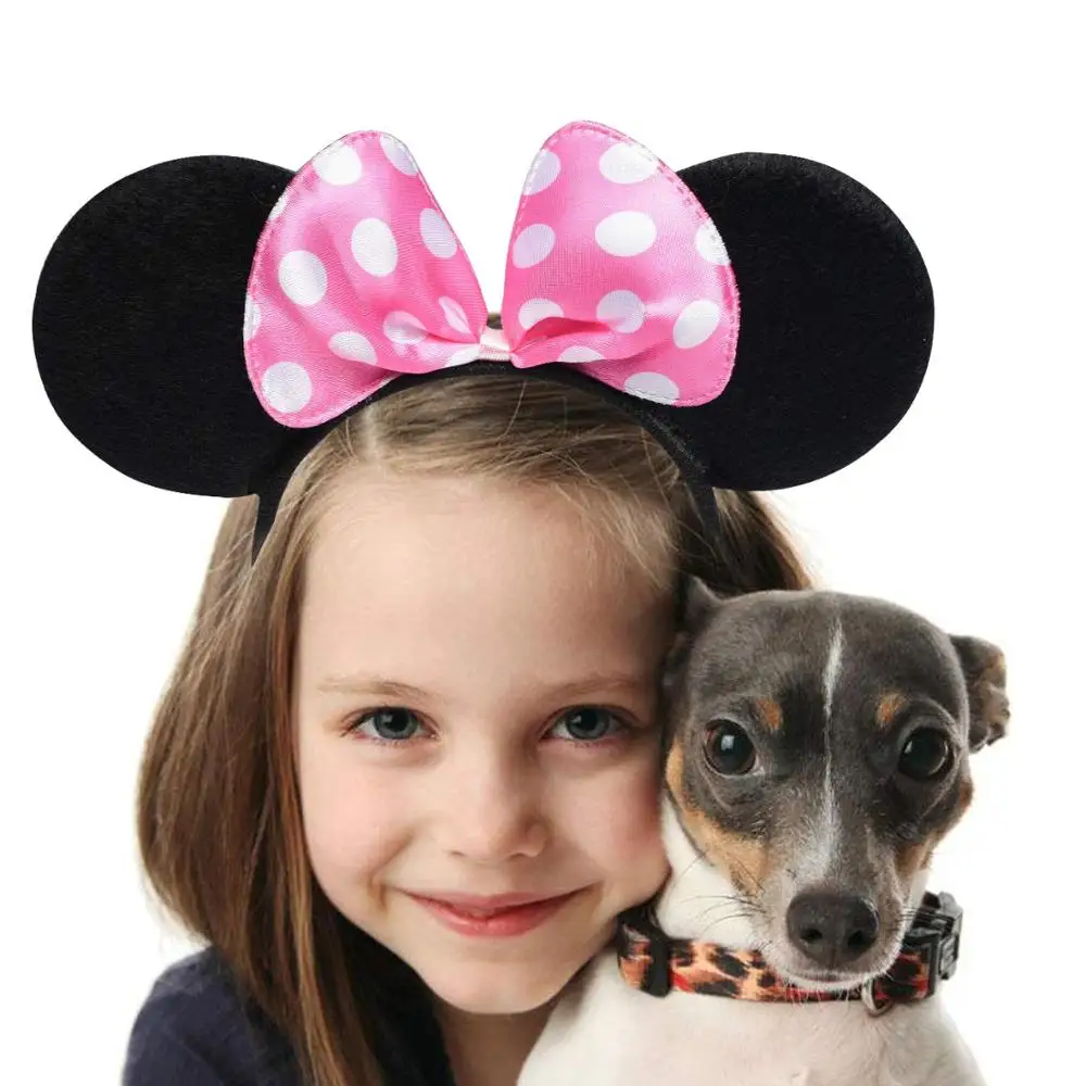 Party Toys 12pcs Minnie Mouse Ears Solid Black Pink Bow Headband Set Costume Deluxe Fabric Mickey Mouse Ears Headband for Party Favor Gifts