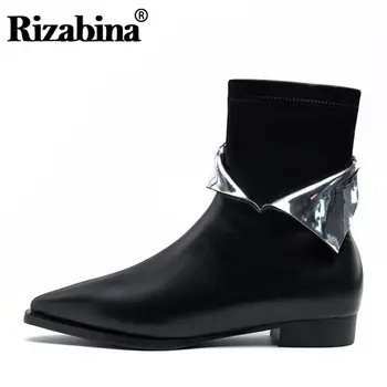 

RIZABINA High Quality Shoes Women Ankle Boots Chelsea Boots Pointed Toe Low Heel Genuine Leather Zipper Black Botas Size 33-40