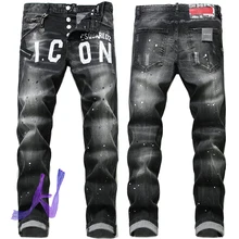 DSQ2 pantalones vaqueros elásticos con agujeros para hombre, ropa de calle con estampado de icono, color negro, dsq
