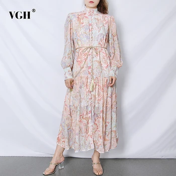 

VGH Print Summer Dress Women Stand Collar Lantern Long Sleeve Lace Up Bowknot Hit Color Maxi Dresses Female 2020 Fashion Clothes