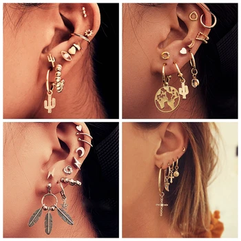 

Vintage Mixed Metal Drop Dangle Earrings Set For Women Female Gold Moon Star Map Cross Small Cuff Clip Jewelry Accessories