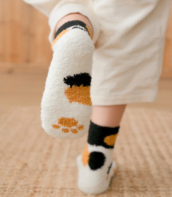 Зимние теплые носки с кошачьими лапами для женщин и девочек; носки для сна; домашние носки-тапочки; толстые плюшевые коралловые носки