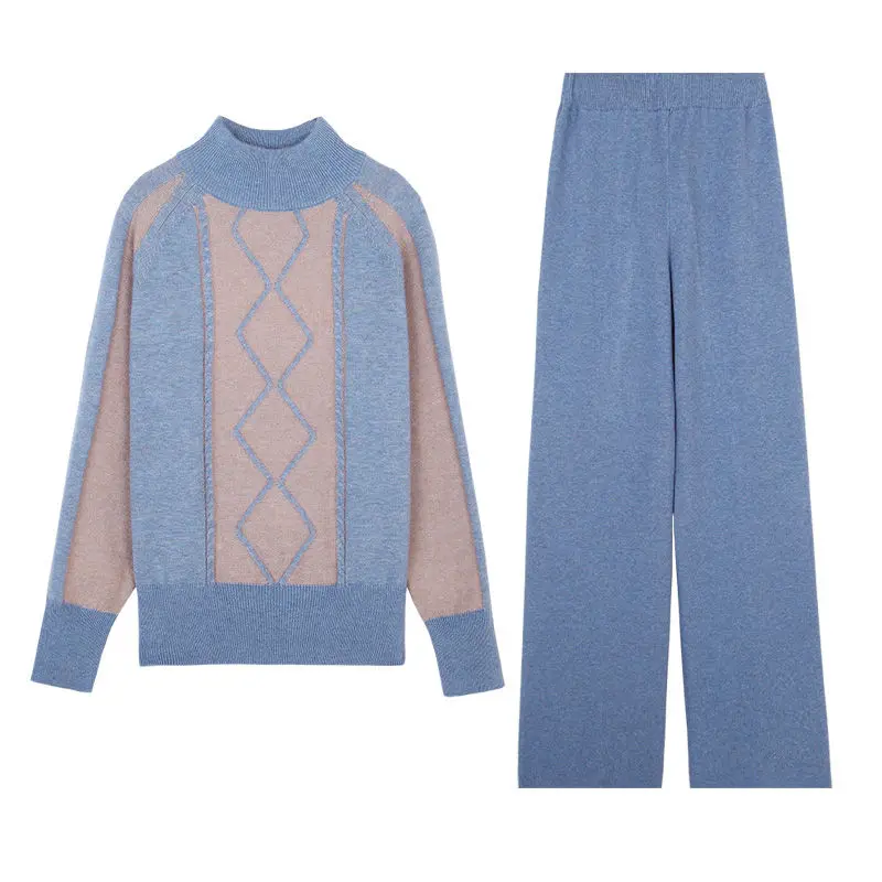Blue Sweater Two Piece Set Fashion Warm Turtleneck Tops Pullover and Knitted Wide Leg Pant Suit 2021 Fall Casual Knitwear