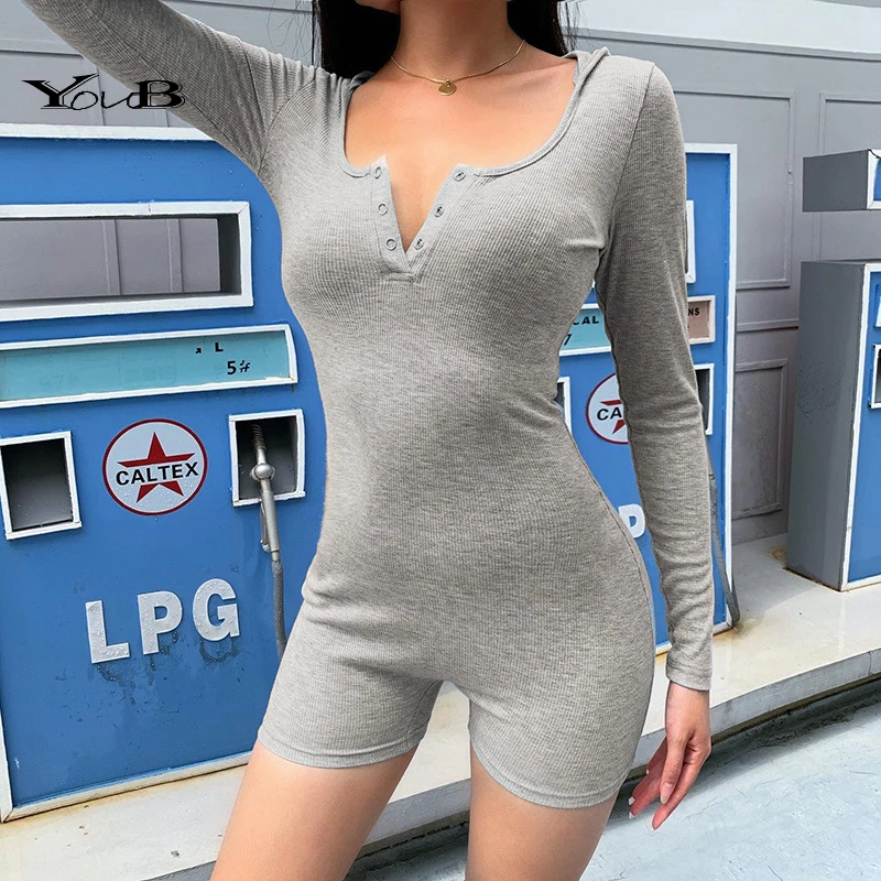 YOUB Hooded Playsuit Jumpsuit Knitted Womens Long Sleeve Stretch Short Casual Romper Leotard Slim Bodysuit Button Bodycon Hoodie
