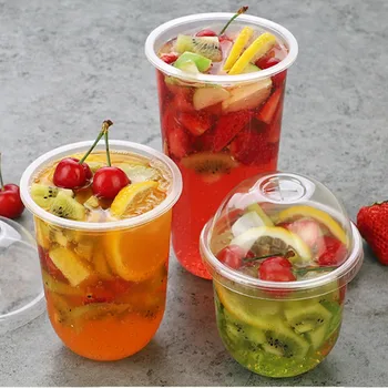 

50pcs U shaped creative disposable plastic cup transparent beverage juice coffee tea takeaway packaging cups with lid
