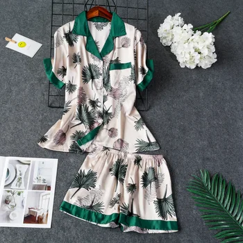 

HaloSweet High Quality Slik Pajamas Women Summer Short Sleeve Sexy Summer Women Home Wear Suit Two Piece Ice Silk Shorts Set