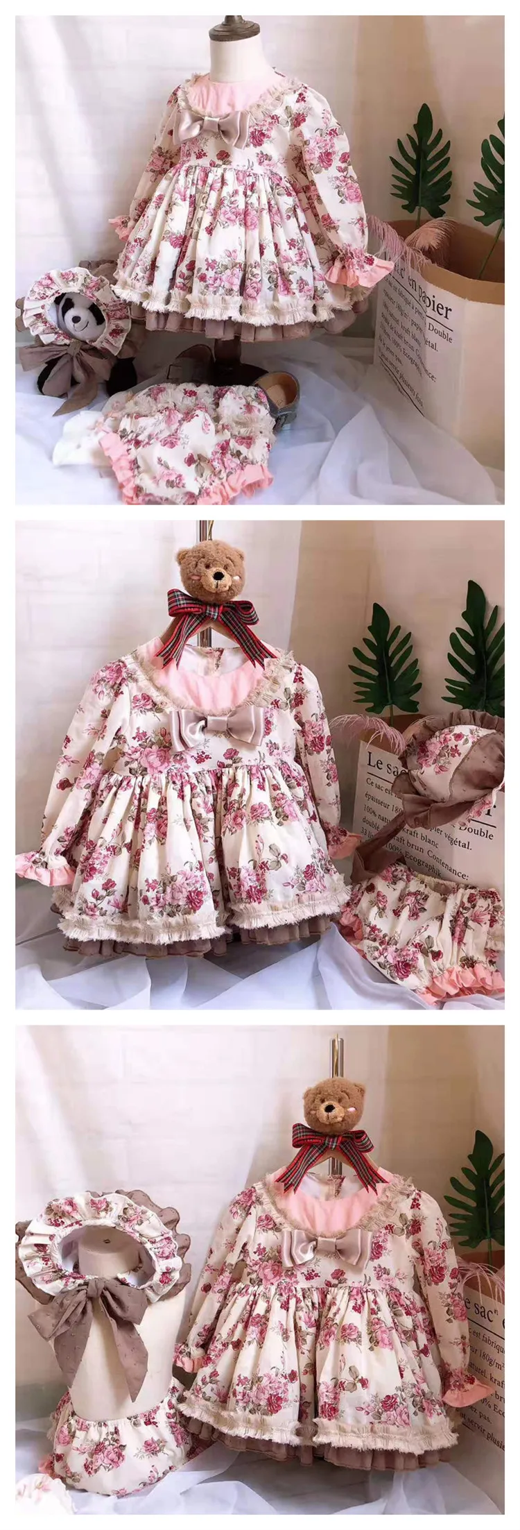 3 предмета, осенне-зимнее испанское вечернее платье Лолита для маленькой девочки, принцесса, длинный рукав, цветок, От 0 до 7 лет, бальное платье с бантом, детская одежда