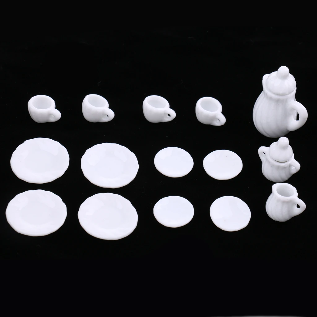 Miniature 15pcs White Ceramic China Tea Set Pot Cup Plate For 1/12 Dollhouse