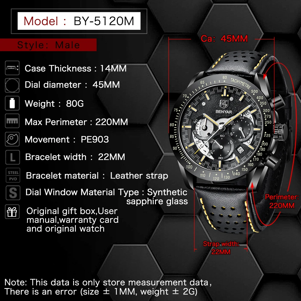2021 New BENYAR Men's Quartz Watches Men's Business Sports Watches Military Waterproof Watches Men's Chronograph Reloj Hombres