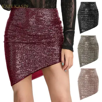 

Kate Kasin Women Asymmetrical Ruched Sequin Mini Skirt For Party Club Sexy Short Mini Irregular Hem Glitter Bodycon Pencil Skirt