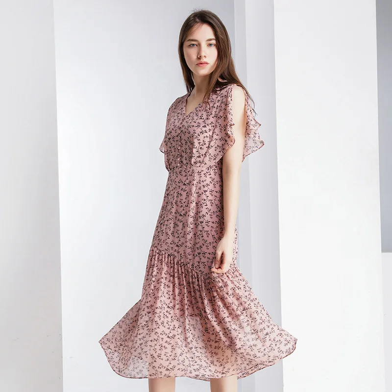 

2020 Summer Women's V-neck Short Sleeved A-line Printing Elegant Luxury Dresses