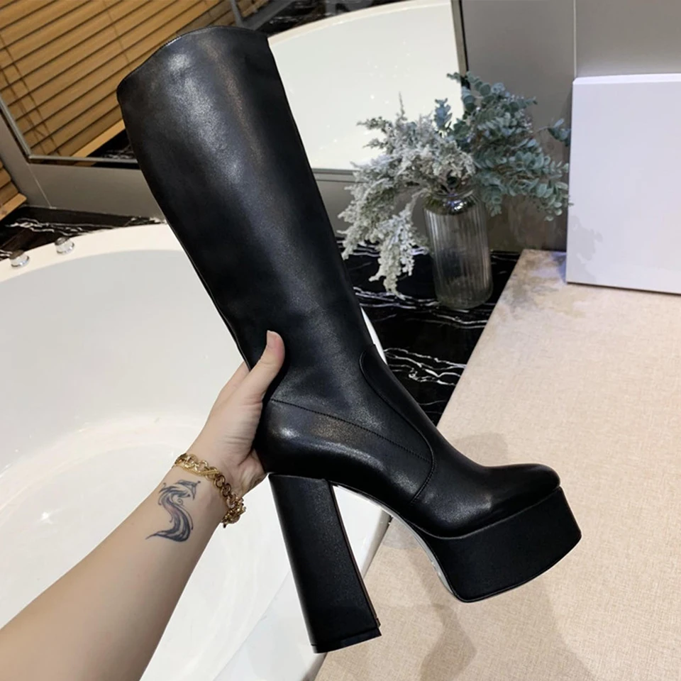 

BELLECOM 2019 Autumn and Winter New Women's Boots Leather Coarse-heeled Waterproof Table Single-shoe High-heeled Boots