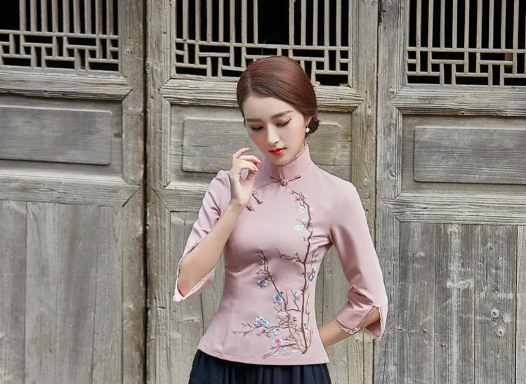 Женские льняные топы, блузка, хлопковое фиолетовое вышитое платье-чанпао, топы больших размеров, китайское винтажное платье-чонсам, топы, народный костюм