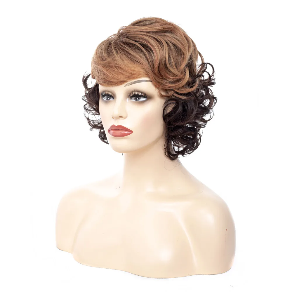 LIHUI Women's short curly hair synthetic wig Oblique bangs Curly wigs Brown gradient black