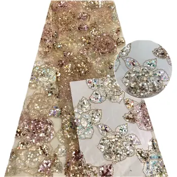 

5 Yards wedding french lace with beads sequins African tulle mesh lace unique shiny Nigerian Dubai celebration sewing gown