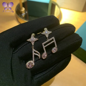 

100% 925 Sterling Silver Earrings Micro-inlaid Color Treasure Musical Note Earrings Simulation Morganite High-end ladies jewelry