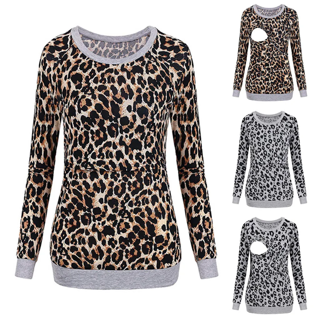 

Long Sleeve Women Pregnant Clothes Maternity Nursing Breastfeeding Leopard Tops T-Shirt Blouse Outside 2020 New ropa maternal
