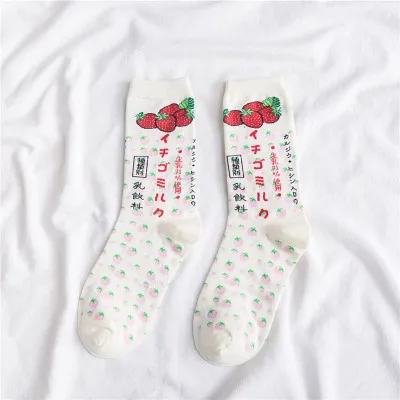 Jerrinut 1 пара носки женские Харадзюку Kawaii жаккардовые фрукты клубничное молоко розовый/белый с принтом хлопок теплые длинные корейские носки - Цвет: 13