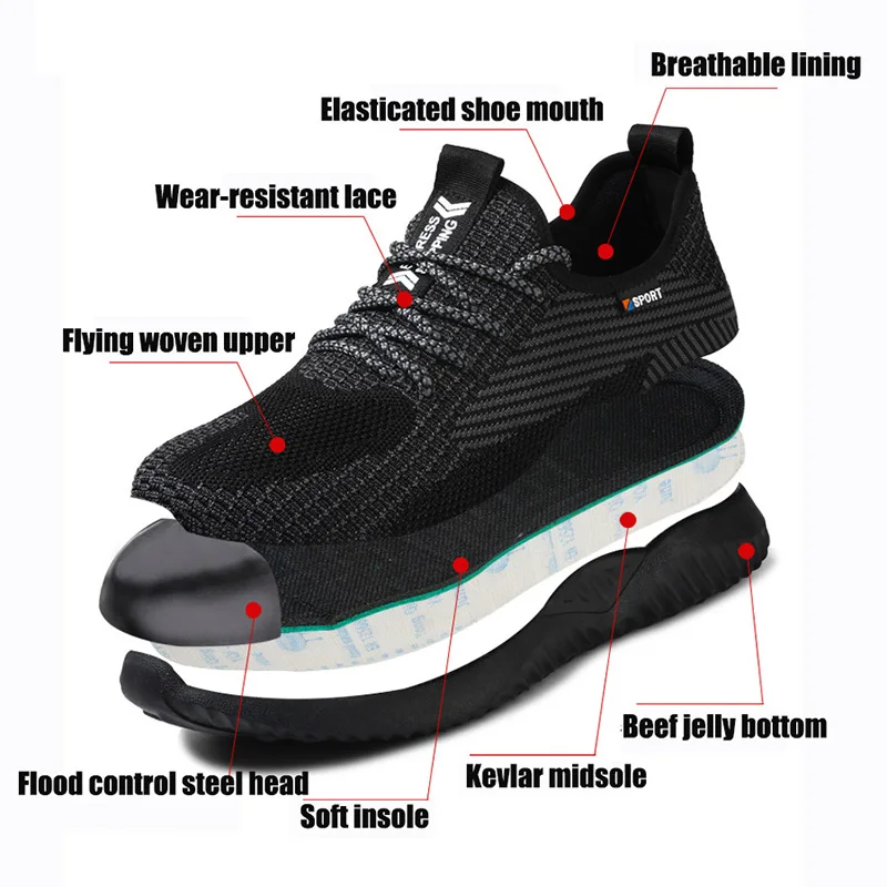 Safety shoes indestructible men's shoes fly woven breathable steel toe caps anti-puncture rubber outsole non-slip work shoes