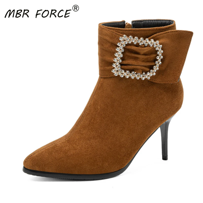 

MBR FORCE 2020New autumn and winter women's boots high quality solid color fashion rhinestone pointed toe stiletto ankle boots