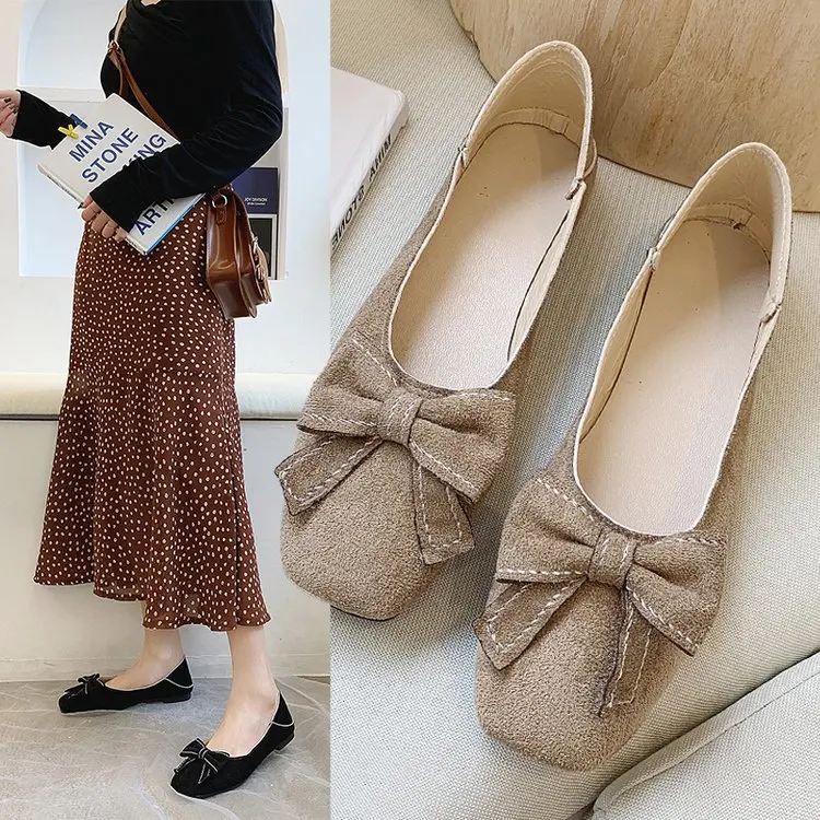 

Moccosins Women's 2020 Spring New Style Square Head Bow Shoes Shallow Mouth Korean-style Versatile Fairy Suede Scoop Shoe